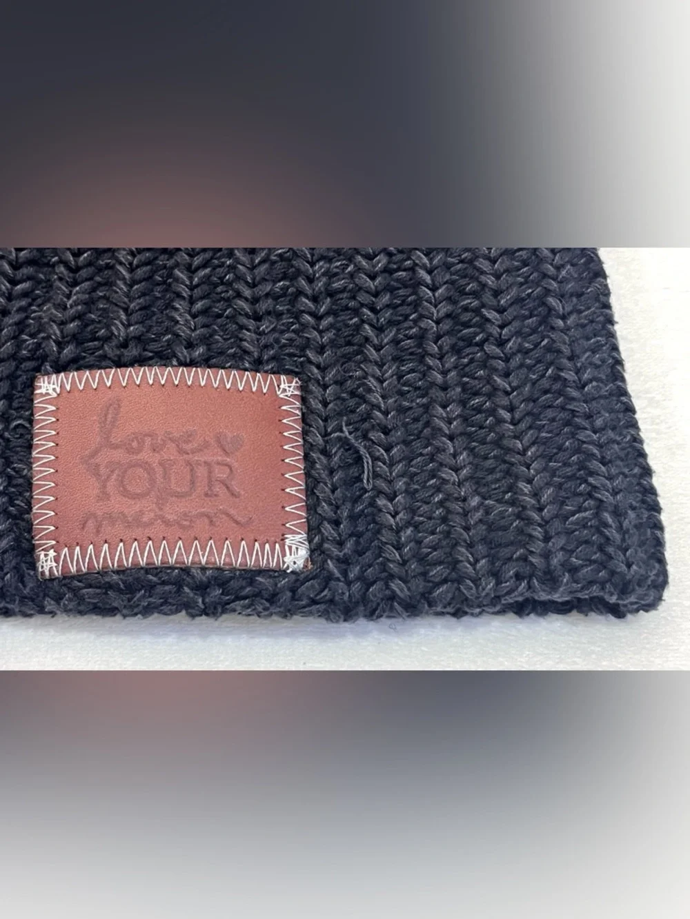 Love Your Melon 100% Cotton Dark Gray Ribbed Knit Beanie with Leather Patch